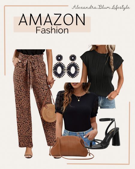 Wide leg brown and black pants, black tops, black heels, brown clutch bag, and black earrings! Amazon work outfit! Travel outfit! Date night outfit! Country concert outfit idea! 

#LTKfindsunder100 #LTKworkwear #LTKshoecrush