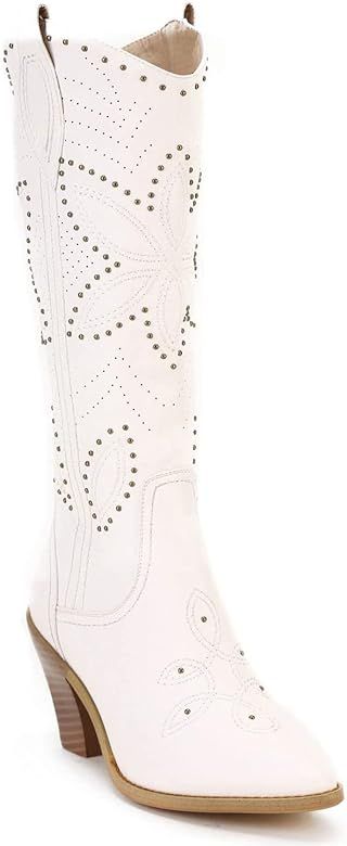 ANN CREEK Women's 'Hornsby' Mid Calf Knee-high Cowboy Boots White Studded Medium+Wide Size Foot and  | Amazon (US)