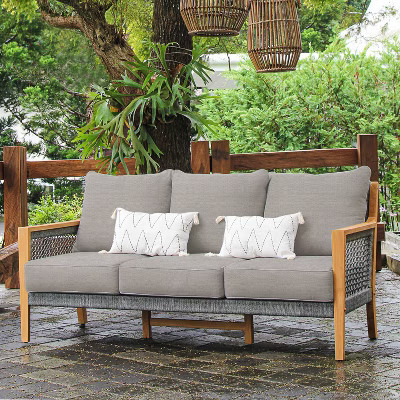 Sonoma Lane Sheldon Teak Outdoor Sofa with Beige Zippered Cushions - Weather-Resistant | Target