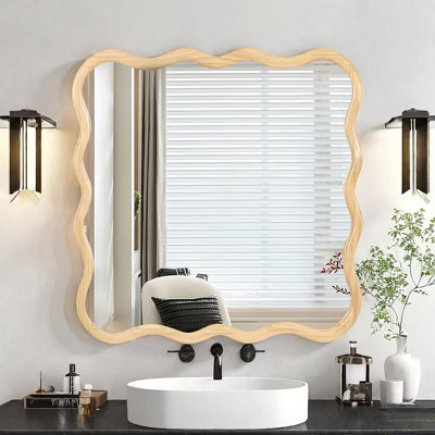 GDFStudio Marnie Modern Wall Mounted Wavy Square Mirror, Natural Wood | Target