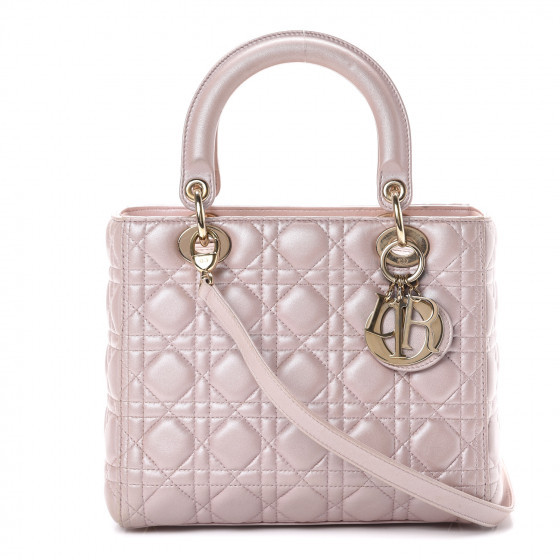 CHRISTIAN DIOR Pearly Lambskin Cannage Medium Lady Dior Lotus | Fashionphile