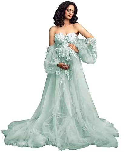 Floral Maternity Dresses for Photoshoot Appliques Laces Tulle Maternity Photoshoot Outfits Pregnancy Gown Mint | Amazon (US)