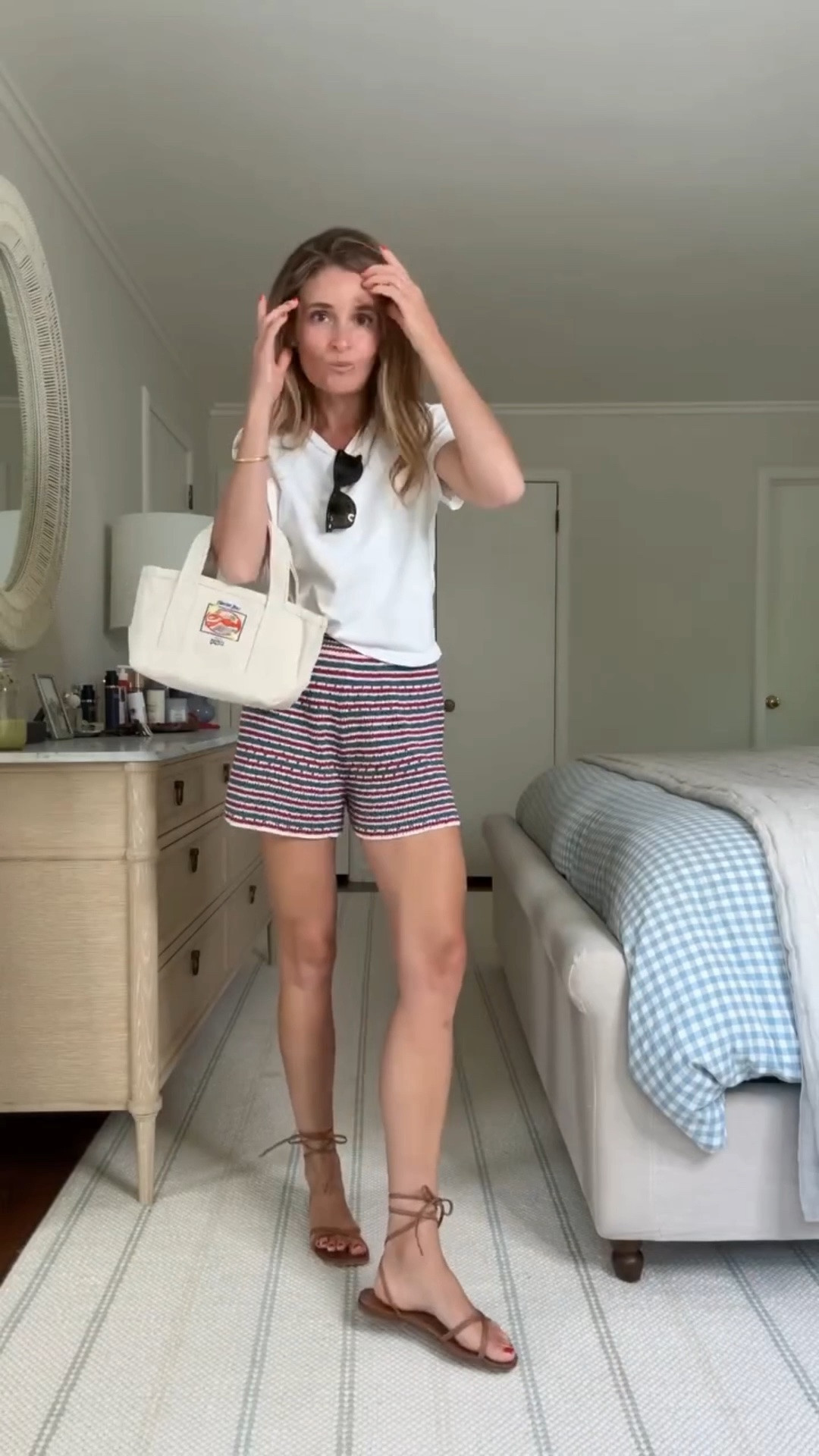 OOTD ☕️⛵️☀️🇺🇸🦞 the perfect summer uniform. Knit shorts, white tee, neutral sandals and a mini tote that’s equal parts cute and functional. My go-to sunnies to finish it off.

Linking a great wrap sandal alt for much less as well! 

Sizing: Shorts: wearing a small. Run a little big size down if you are between. Tee: wearing a size small 

#ootd #everydaystyle #outfitinspiration #classicstyle #momstyle

#LTKootd #LTKSeasonal #LTKgrwm