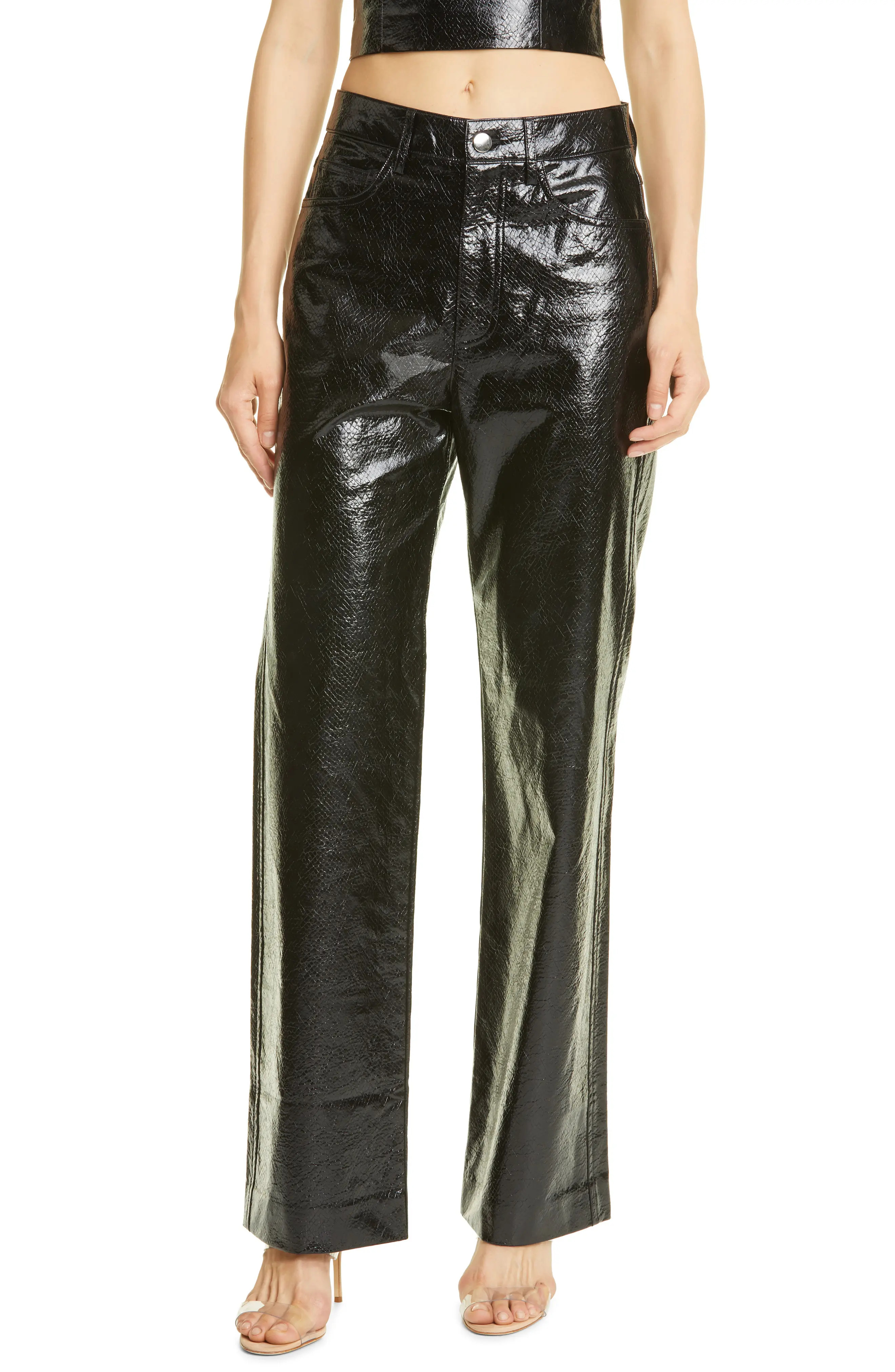 ROTATE Birger Christensen Rotie Croc Embossed Faux Leather Pants, Size 2 Us in Black at Nordstrom | Nordstrom