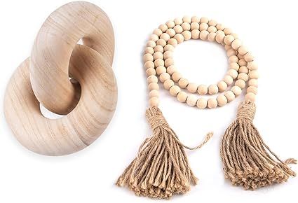2 Pieces Decorative Wood Chain Link and Wood Bead Garland Set - Hand Carved Wood Knot Decor, 53 I... | Amazon (US)