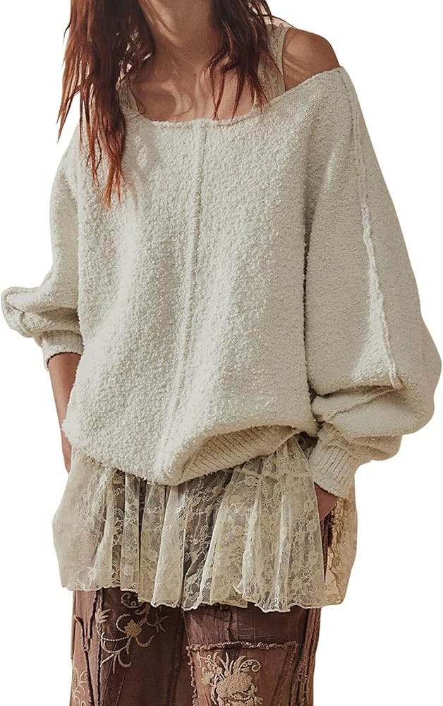 Womens Oversized Crew Neck Sweaters Casual Ribbed Knit Long Sleeve Textured Fuzzy Sweater Fall Lo... | Amazon (US)