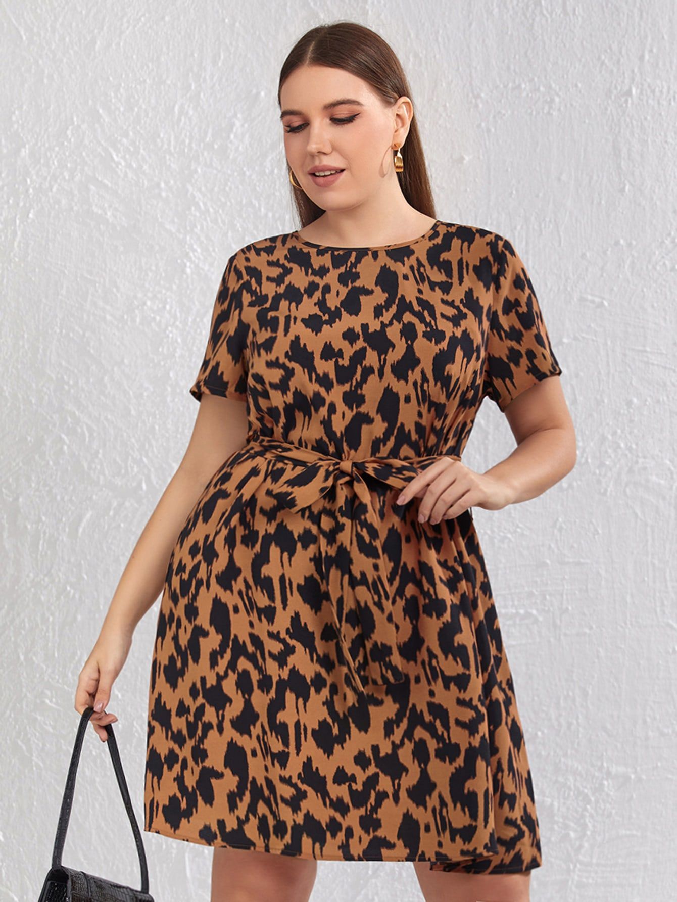 NEWSHEIN Plus Self Belted Allover Print Dress | SHEIN