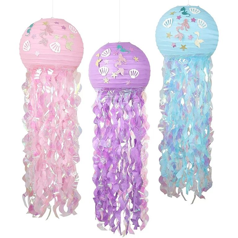 RECUTMS Mermaid Hanging Jellyfish Paper Lanterns Kit 3 Colors for Ocean Theme Party Decoration | Walmart (US)