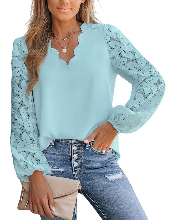 CUPSHE Women Lace Elegant Blouse Long Sleeve Eyelet V Neck Dressy Party Floral Tops Scalloped V N... | Amazon (US)