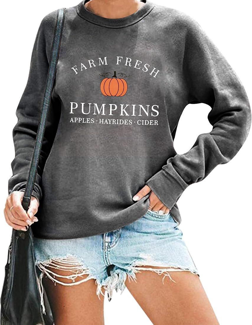 KIDDAD Fall Sweatshirt for Women Farm Fresh Pumpkins Halloween Sweatshirt Long Sleeve Fall Pullov... | Amazon (US)