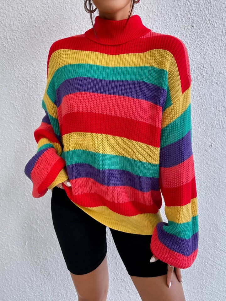 SHEIN EZwear Colorblock Striped Pattern Turtleneck Drop Shoulder Sweater | SHEIN