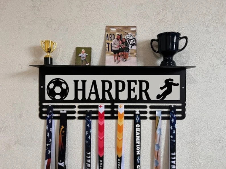Soccer Girl Custom Name Trophy Shelf and Medal Hanger - Medal Holder Custom Text 12 Rungs for Med... | Etsy (US)