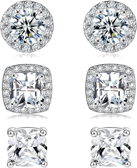 18K White Gold Plated Round Square Cubic Zirconia Simulated Diamond Halo Stud Earrings (2 Pairs) | Amazon (US)