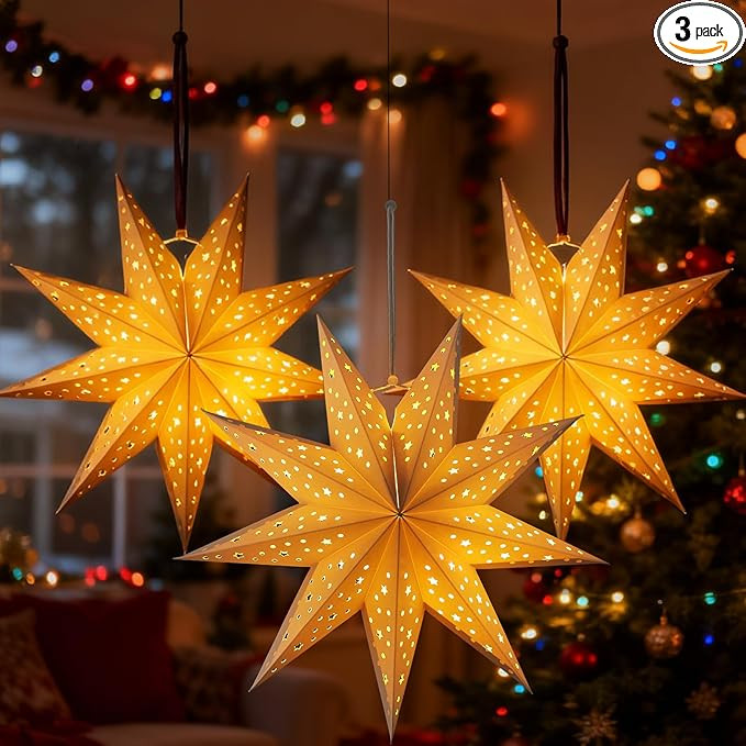 3Pcs Paper Star Lantern Lampshade 9 Pointed Star Hanging Decorations for Christmas New Year Weddi... | Amazon (US)