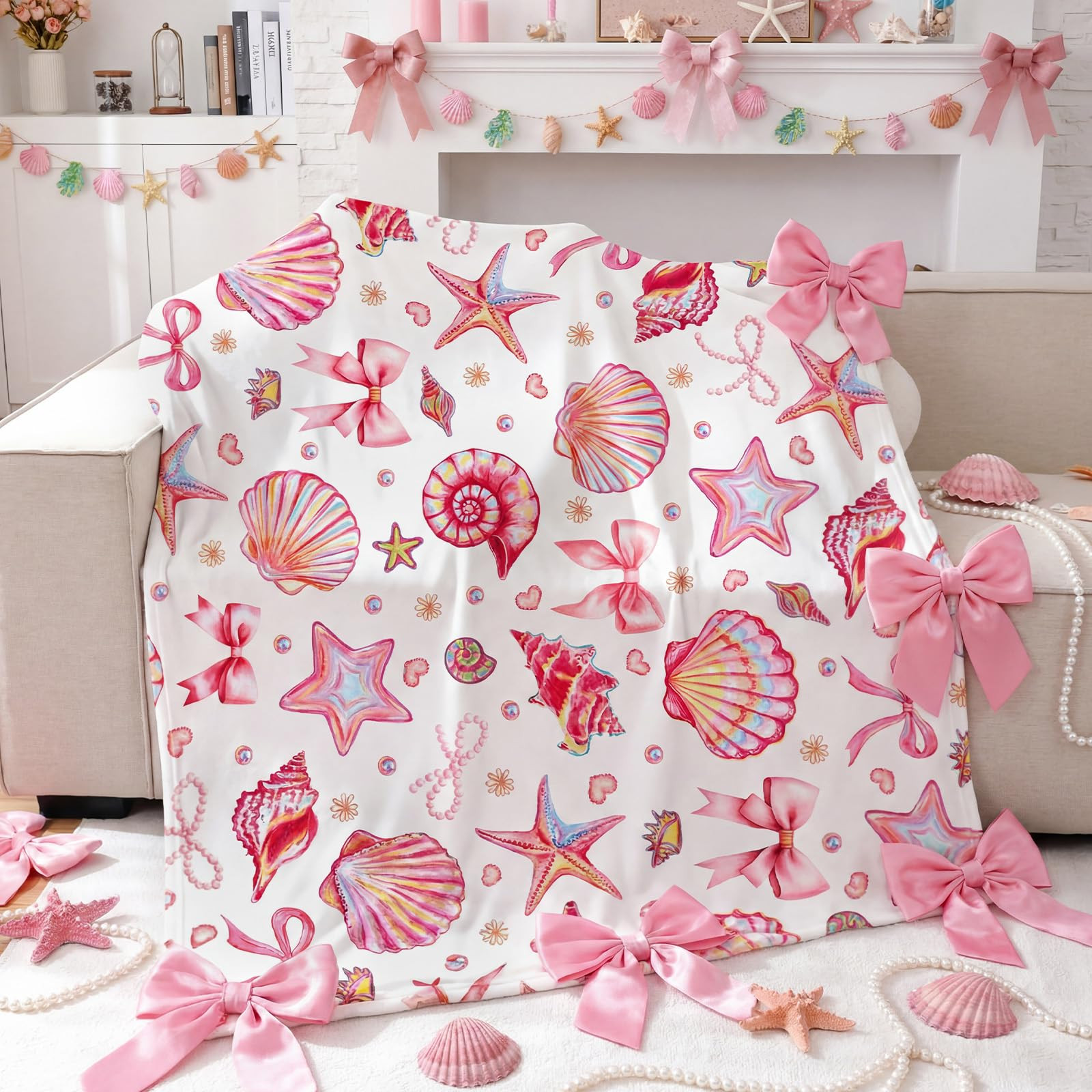 Breling Pink Coastal Seashell Throw Flannel Blanket Pink Bow Cozy Fuzzy Warm Beach Throw Blanket ... | Amazon (US)