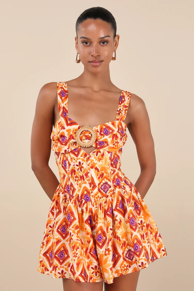 Luniper Orange Multi Boho Print Basque Waist Romper | Lulus