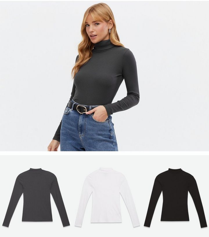 3 Pack Black Grey and White Ribbed Roll Neck Tops
						
						Add to Saved Items
						Remove fr... | New Look (UK)