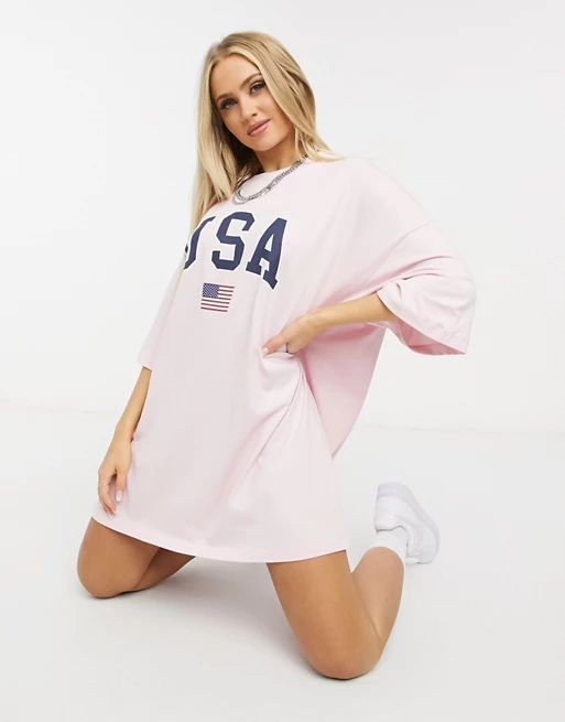 ASOS DESIGN oversized t-shirt dress with usa logo in dusty pink | ASOS (Global)