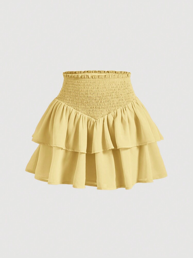 SHEIN MOD Falda Corta De Doble Capa Y Dobladillo Asimétrico Con Adornos De Volantes Y Cintura Fruncida Para Mujeres | SHEIN