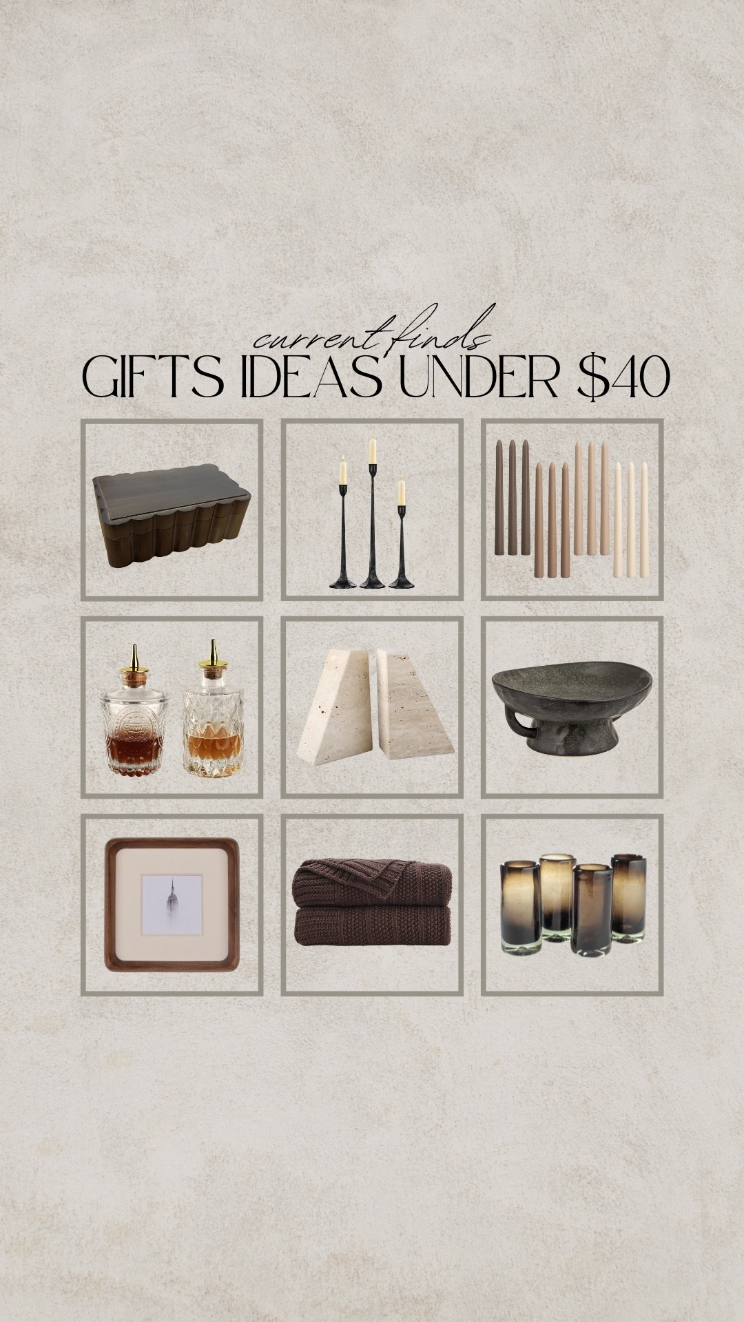 Gift ideas, gift guide, iron candle holders, tapered candles, brown candles, travertine bookends, stone bookends, marble bookends, brown shot glasses, brown throw blanket, knit blanket, walnut picture frame, square picture frame, bowl, fruit bowl, pedestal bowl, bitters bottle, glass bottle, walnut box, jewelry box, dark wood box

#LTKSaleAlert #LTKFindsUnder50 #LTKGiftGuide