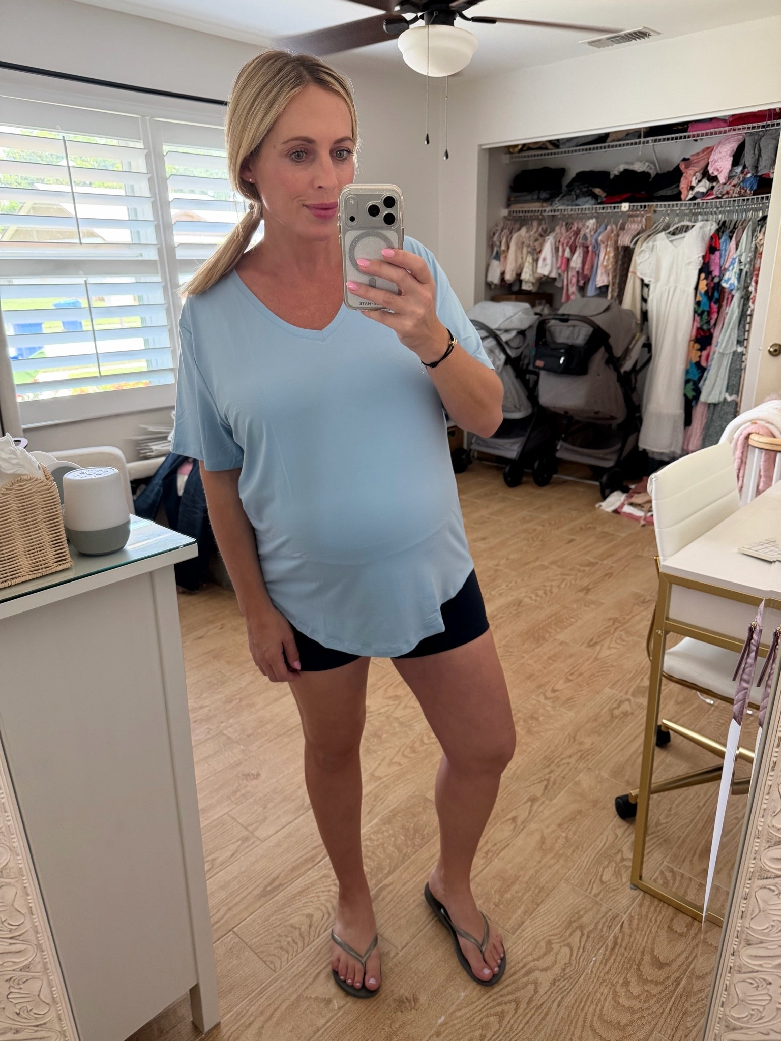 V-neck t-shirt. Biker shorts. Flip flops. Pregnancy style. Maternity outfit.

#LTKootd #LTKBump #LTKActive