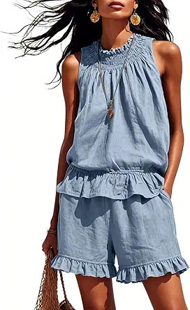 Bankeng Womens 2 Piece Sets Outfits Summer Beach Sleeveless Ruffle Soild Tank Tops and Shorts Paj... | Amazon (US)