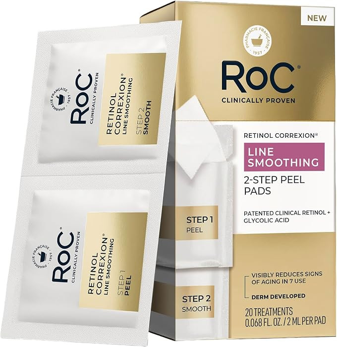 RoC Retinol Correxion Line Smoothing 2-Step Peel Pads with Clinical Retinol & 5-Acid Blend, Resurfacing Treatment for Fine Lines, Dullness, and Pores, 20 Treatments | Amazon (US)