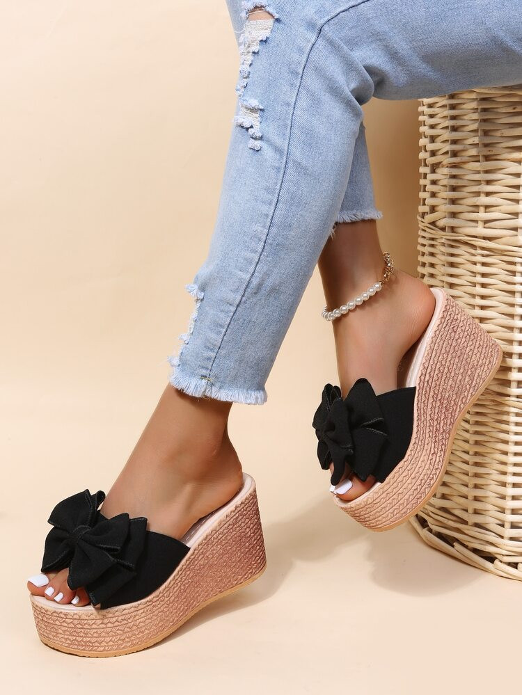 Suede Bow Decor Wedge Slide Sandals | SHEIN