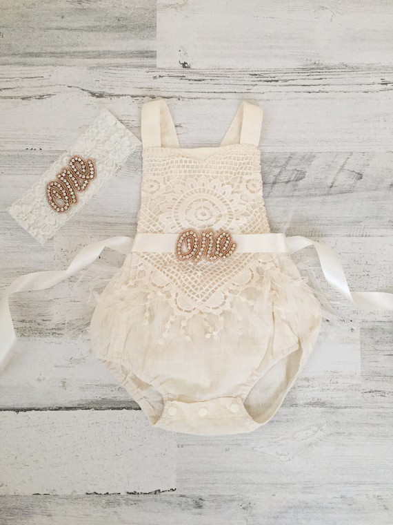 Boho 1st Birthday romper-Ivory Boho Lace Romper sash and Headband-Baby girls lace romper-Ivory-Ca... | Etsy (US)