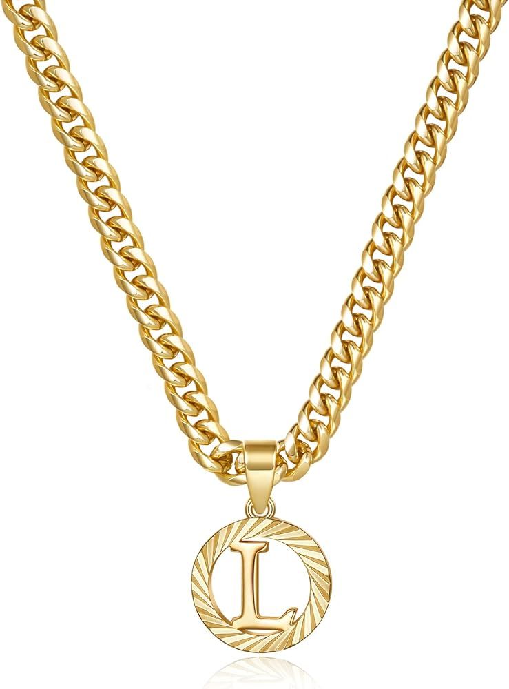 Gold Initial Necklace,14K Gold Plated Round Letter Pendant Hollow Capital Monogram 5mm Cuban Chai... | Amazon (US)