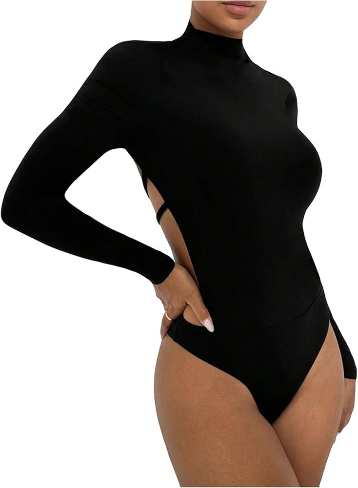 SweatyRocks Women's Backless Mock Neck Bodysuit Long Sleeve Cut Out Fitted Jumpsuits Leotard Top | Amazon (CA)