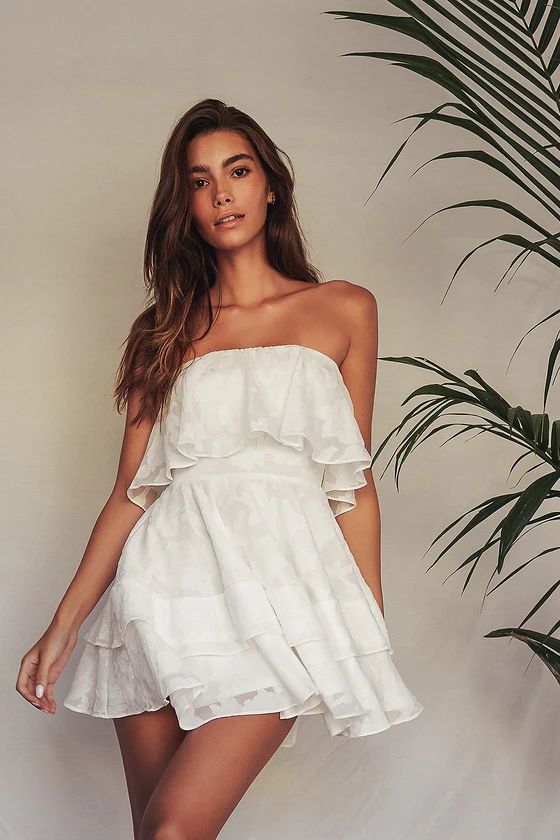 True Lover White Burnout Floral Ruffled Strapless Mini Dress | Lulus (US)