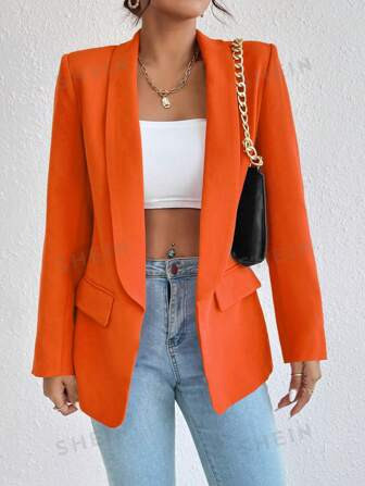 SHEIN Privé Women's Solid Color Long Sleeve Blazer With Quinoa Collar For Daily Wear | SHEIN