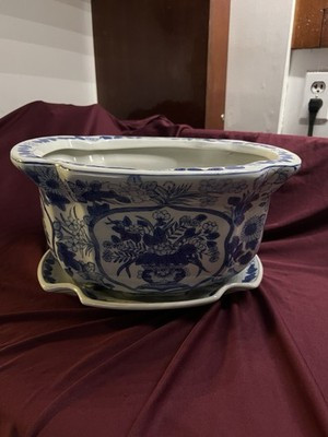 Blue White Oval W/Bottom Plate Chinoiserie Planter Footbath No Issues 7.5\u201d Tall | eBay US