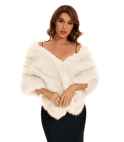 FlyGulls Women's White Faux Fur Shawl Luxury Fur Shawls and Wraps for Evening Dresses Bridal Faux Fur Wrap for Bride and Bridesmaids Warm Fur Cape for Winter Wedding Evening Party（White） | Amazon (US)