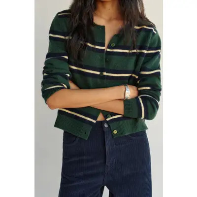 Reformation Clara Stripe Cashmere Cardigan in Dark Pine Multi Stripe at Nordstrom, Size Small | Nordstrom