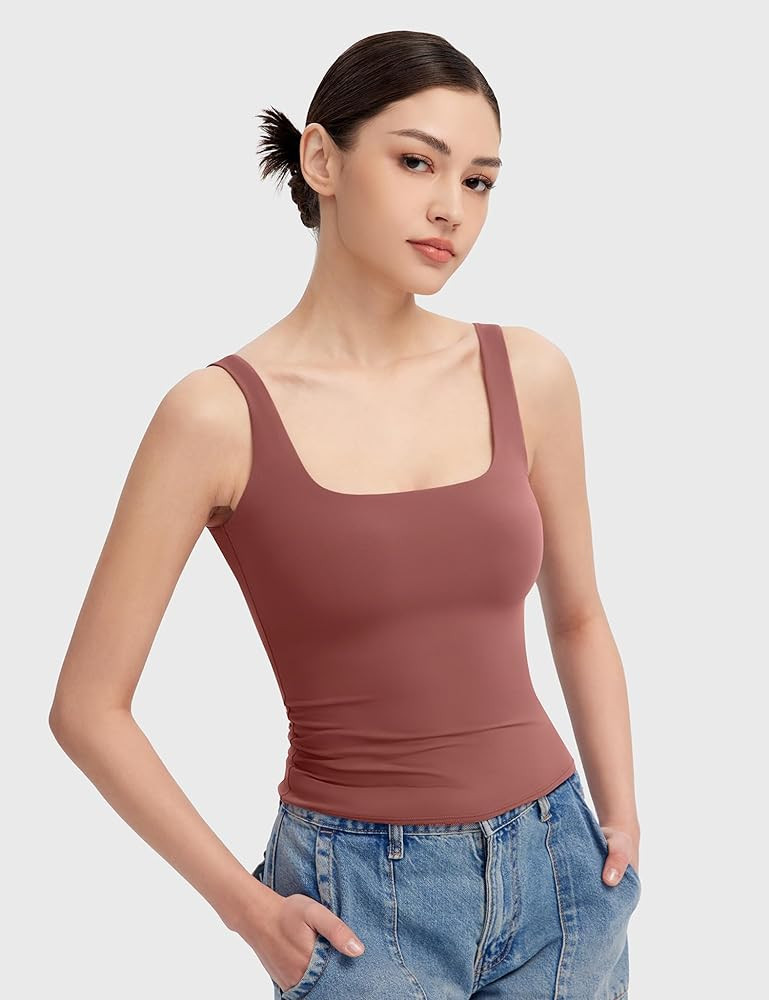 PUMIEY Women's Square Neck Tank Top Sleeveless Double Lined Basic Tops Sharp Collection | Amazon (US)