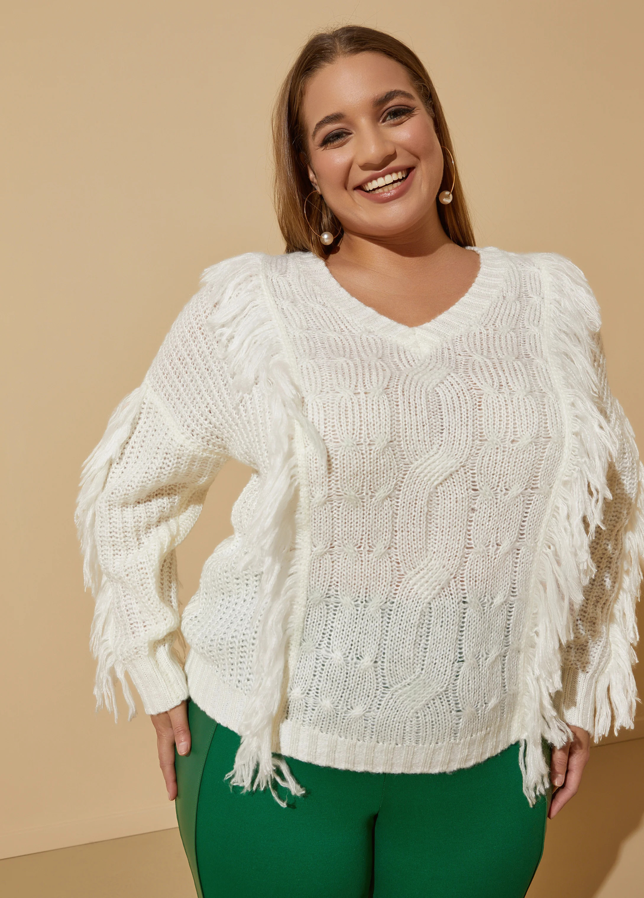 Plus Size Fringed Cable Knit Sweater, WHITE, 22/24 - Ashley Stewart | Ashley Stewart