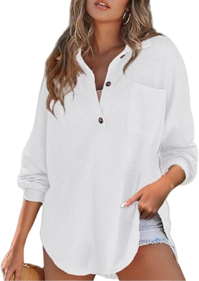 Women’s Waffle Knit Tops Loose Long Sleeve Tops Button Up Henley Shirts V Neck Solid Color Casu... | Amazon (US)