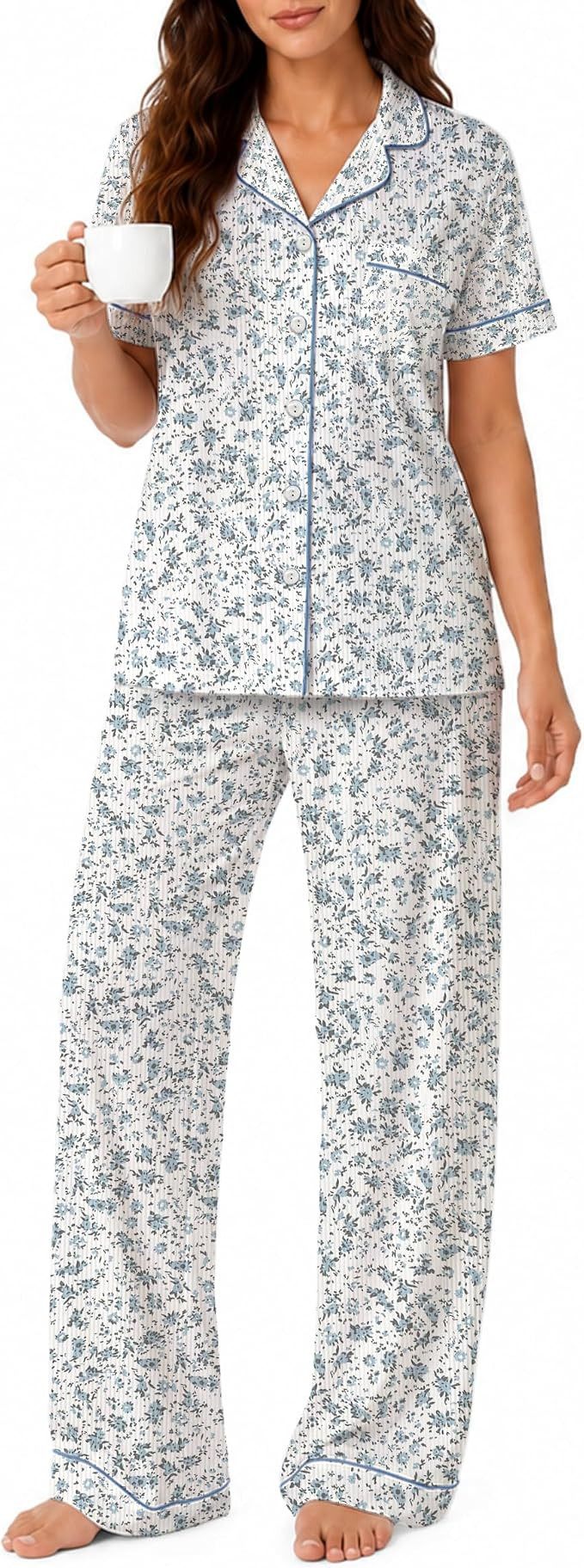 Pajamas for Women Set, Notch Collar Short Sleeve Button Up and Pants | 2 Piece Comfy Loose Lounge... | Amazon (US)
