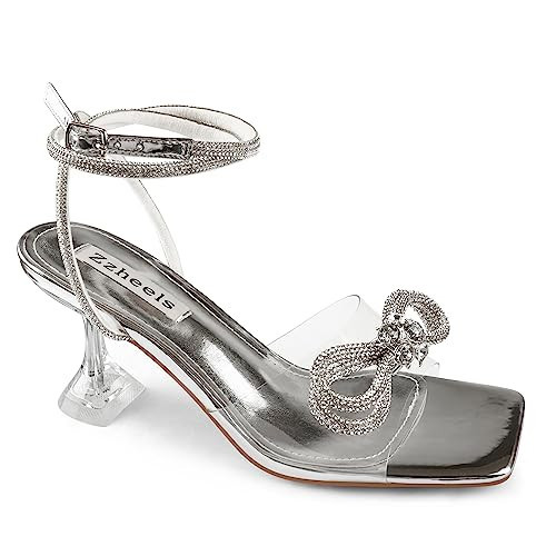 Zzheels Double Bowknots Clear Heels Square Toe Lace up Sandals Silver Heels for Women for Wedding Silver US9.5 | Amazon (US)