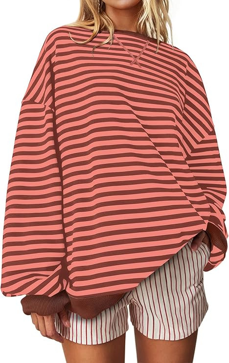 UEU Women Oversized Striped Crewneck Sweatshirt Long Sleeve Color Block Pullover Tops Casual Loos... | Amazon (US)