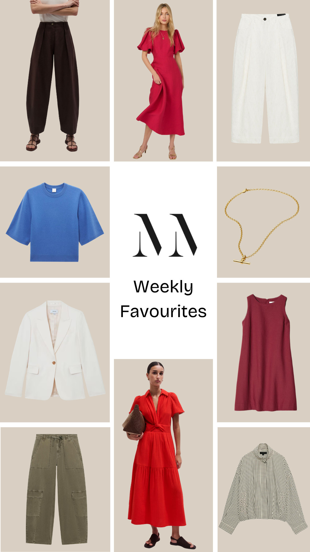 red midi dress, puff sleeve dress, sleeveless knit dress, bright red maxi dress, white blazer, white wide leg trousers, brown barrel leg trousers, khaki cargo trousers, blue knit top, gingham blouse, gold necklace, summer outfit, resortwear, occasion dress, wedding guest dress, tailored separates, neutral wardrobe, capsule wardrobe, chic styling, elevated basics 
 

 #LTKuk #LTKsummer #LTKjeans