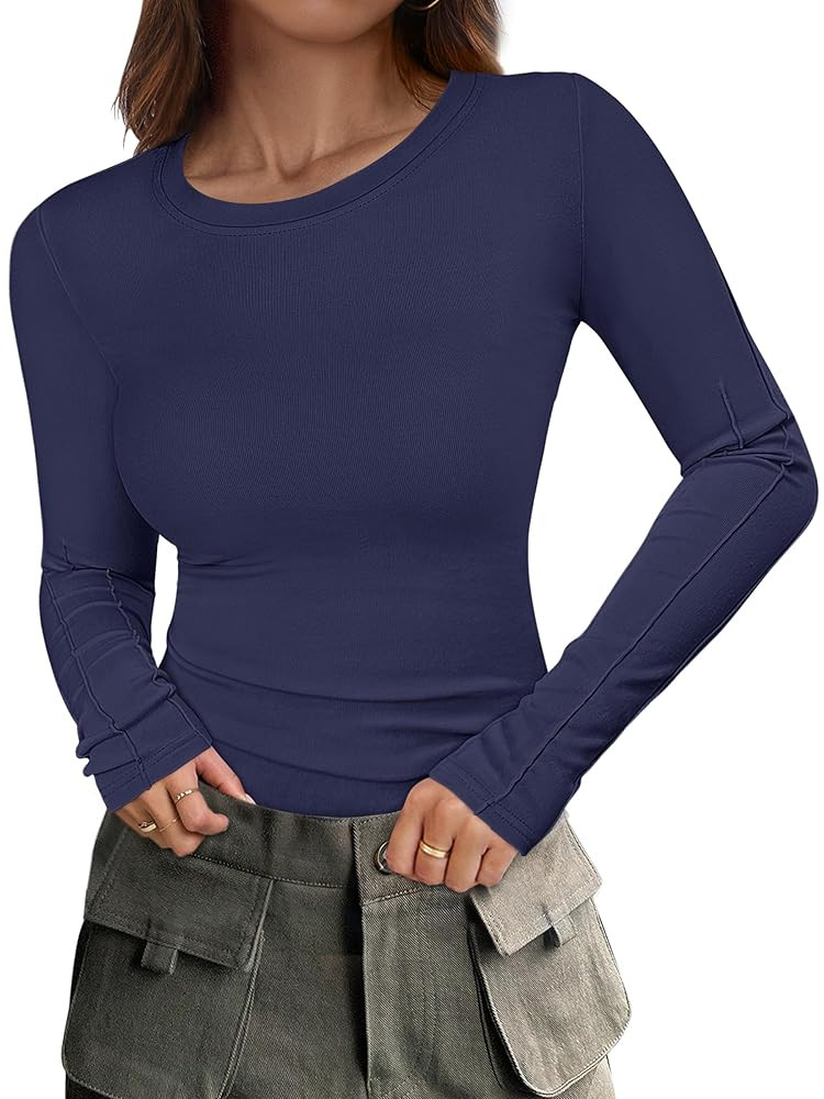 ANRABESS Womens Long Sleeve Shirts Crew Neck Fitted Knit Casual T-Shirt Going Out Tops Basic Tees... | Amazon (US)