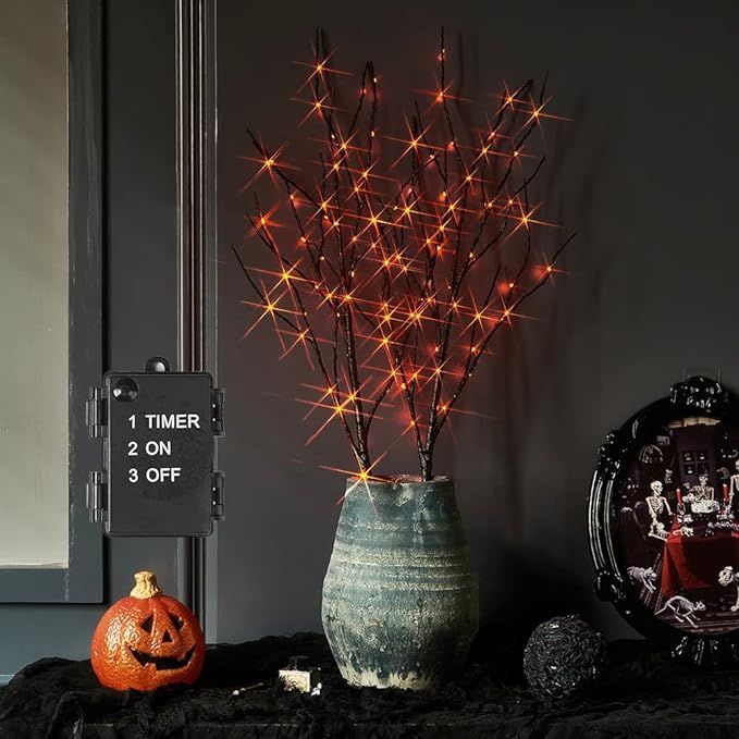 Hairui Lighted Halloween Tree Branches with Timer 32IN 100L Orange Fairy Lights, Black Twig Branc... | Amazon (US)