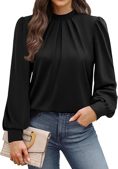 WIHOLL Long Sleeve Shirts for Women Mock Neck Tops Pleated Front Blouses Dressy Casual Fall Cloth... | Amazon (US)