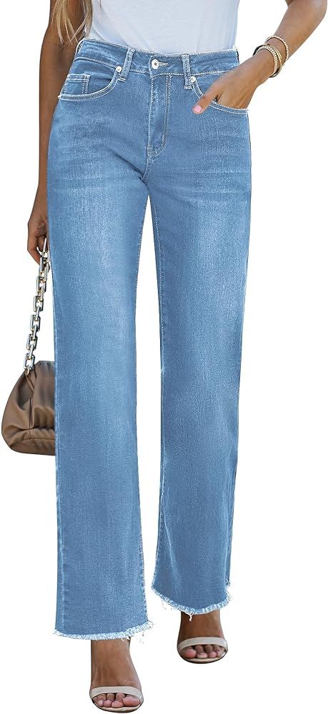 GRAPENT Straight Leg Jeans for Women High Waisted Stretchy Frayed Raw Hem Loose Denim Pants Casua... | Amazon (US)