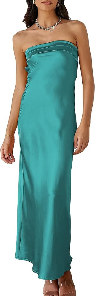 Realtix Satin Silk Backless Tube Tops Maxi Dress for Women Low Back Hollow Out Elegant Strapless ... | Amazon (US)