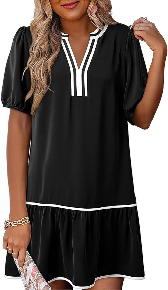 Dokotoo Women's Summer Dress Short Puff Sleeve V Neck Boho Floral Mini Casual Dresses with Pocket... | Amazon (US)