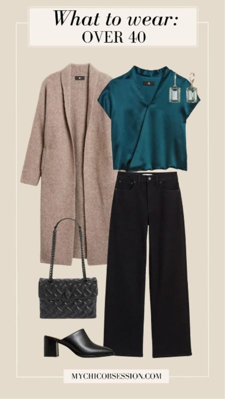 Begin this last look with this satin top. Paired with a long cozy cardigan, the contrast of fabrics and styles creates a stylish combination that also feels wearable. On the bottom, donning a pair of vintage wide-leg jeans brings balance to the outfit as a whole. Heeled mules, a classic shoulder bag, and green earrings complete the look. 

#LTKstyletip #LTKworkwear #LTKover40